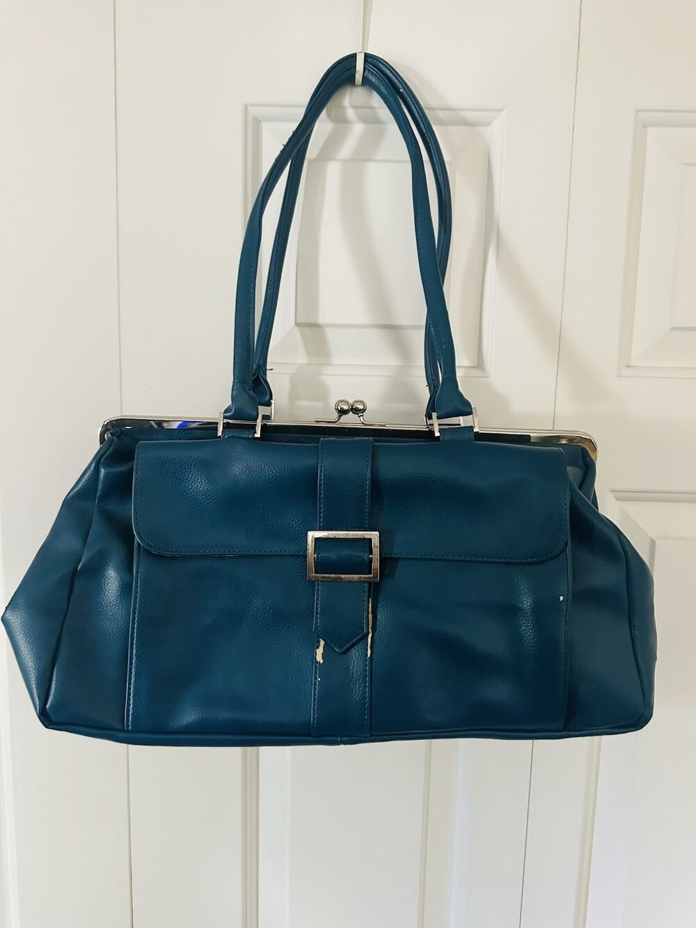 Jordana Paige Shoulder Bag Teal Double Handles Kiss Lock Buckle Metal Feet 2004